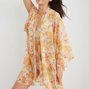 Aerie NWOT Floral Yellow Chiffon Cropped Cape Coverup One Size